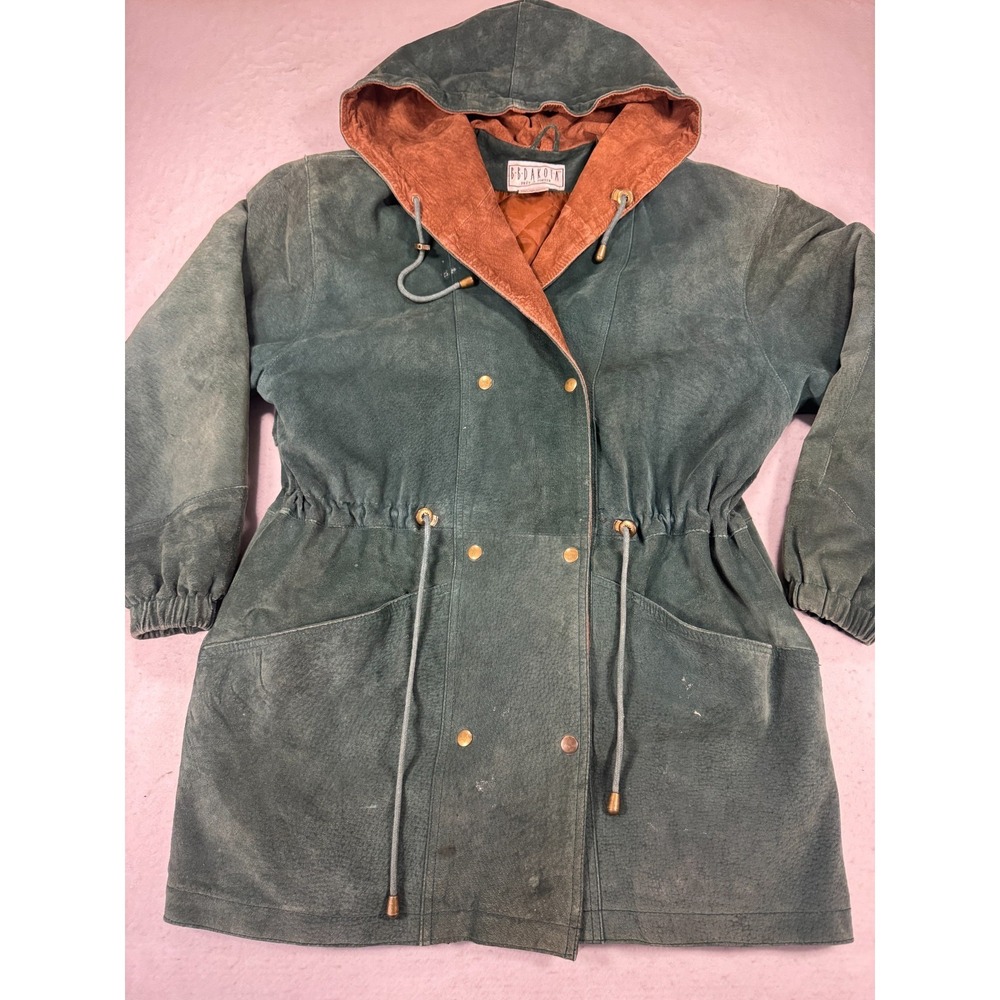 Vintage 90s BB Dakota Suede Coat Womens Medium Olive Green Leather Quilted Lined